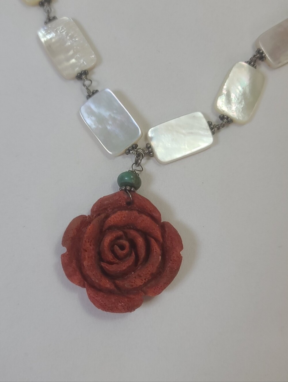 Red Coral Floral Rose Flower Pendant & Mother of Pearl Sterling Silver Necklace